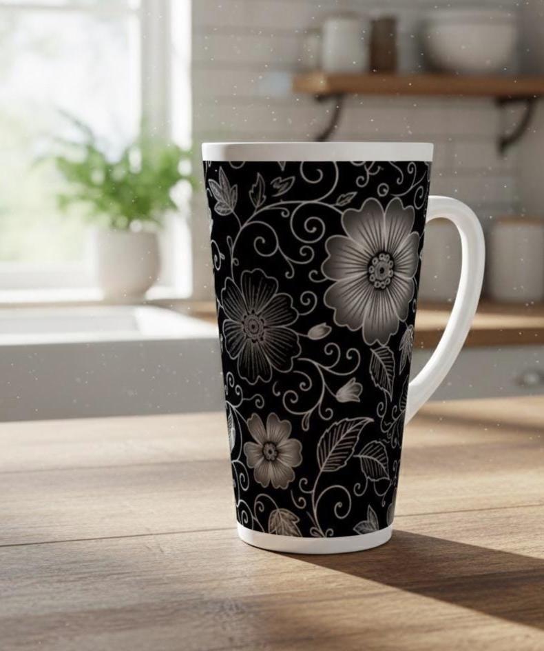 Set of 3 Cups, Floral, 17oz Latte Ceramic Mugs Set - Extra Tall Cup Set