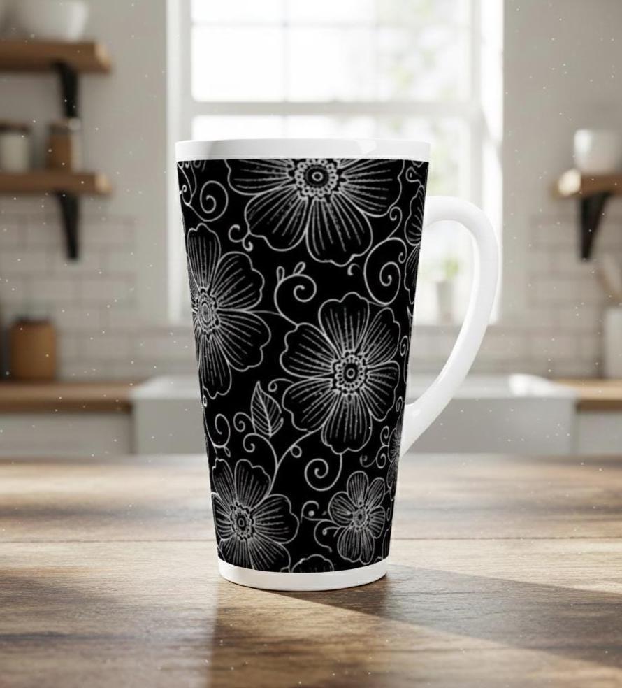 Set of 3 Cups, Floral, 17oz Latte Ceramic Mugs Set - Extra Tall Cup Set