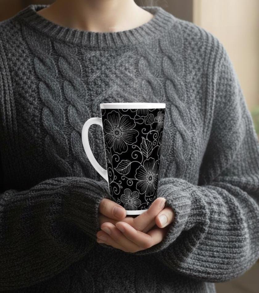 Set of 3 Cups, Floral, 17oz Latte Ceramic Mugs Set - Extra Tall Cup Set