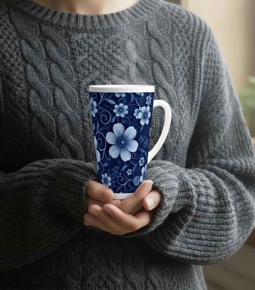 Set of 5 Cups, Floral, 17oz Latte Ceramic Mugs Set - Extra Tall Cup Set