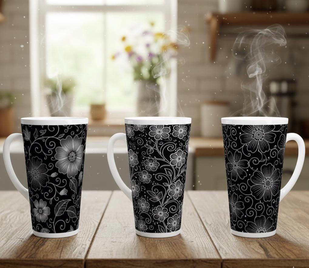 Set of 3 Cups, Floral, 17oz Latte Ceramic Mugs Set - Extra Tall Cup Set