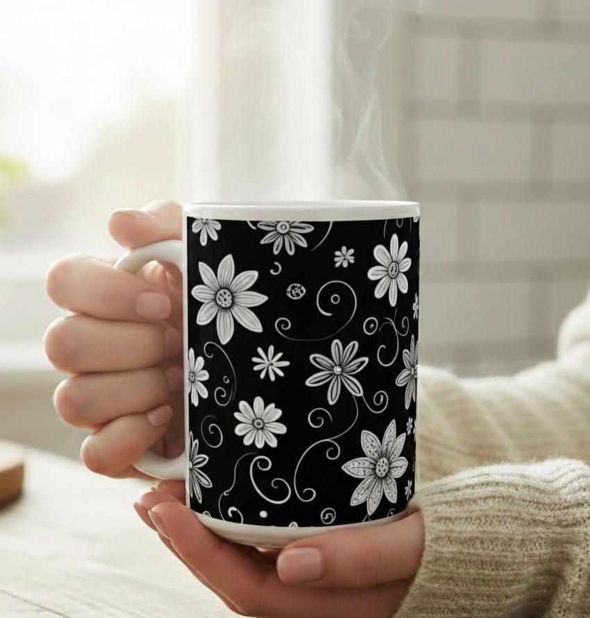 Set of Big Mugs, Dark Floral Cup Set, 15 oz