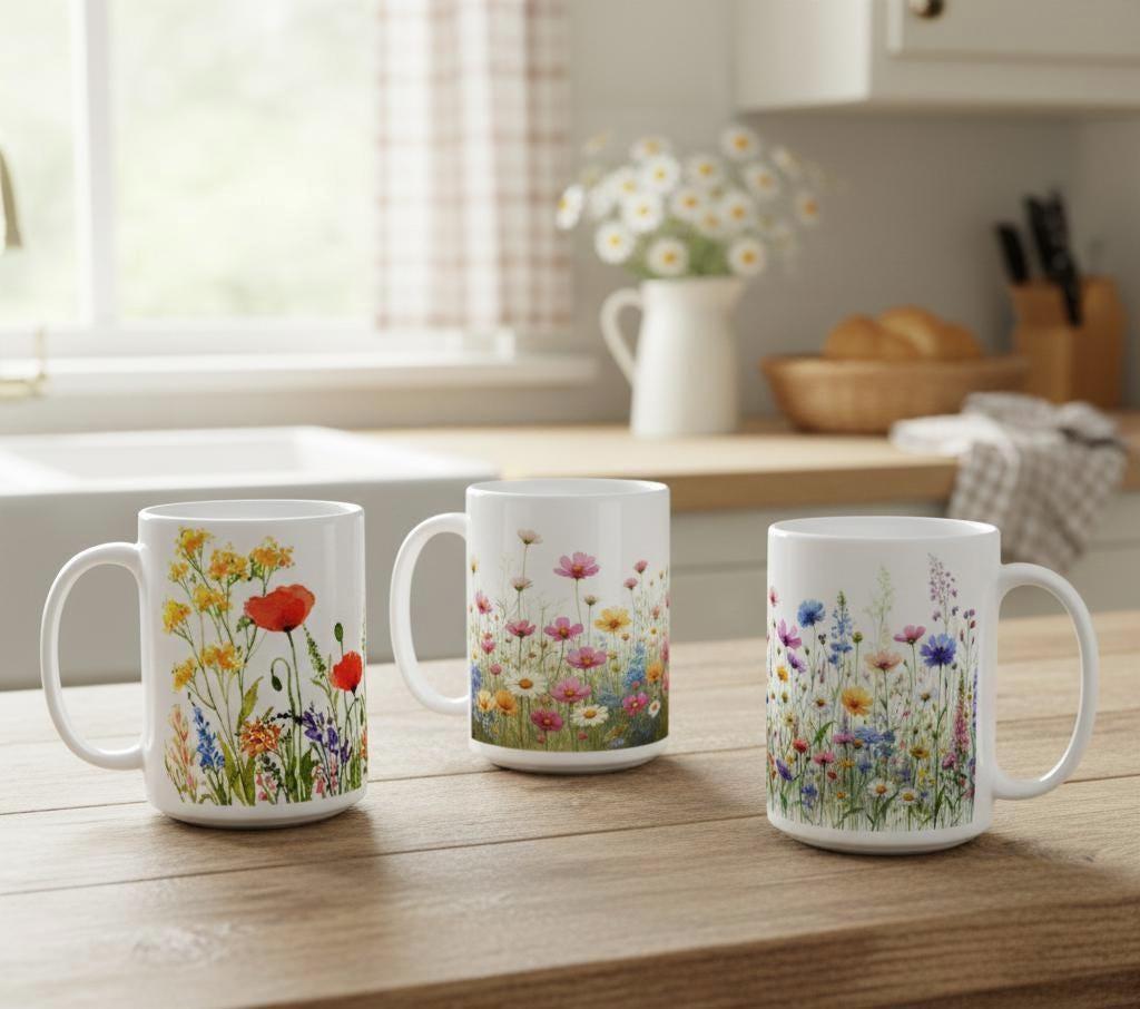Set of Big Mugs, Floral Cup Set, 15 oz