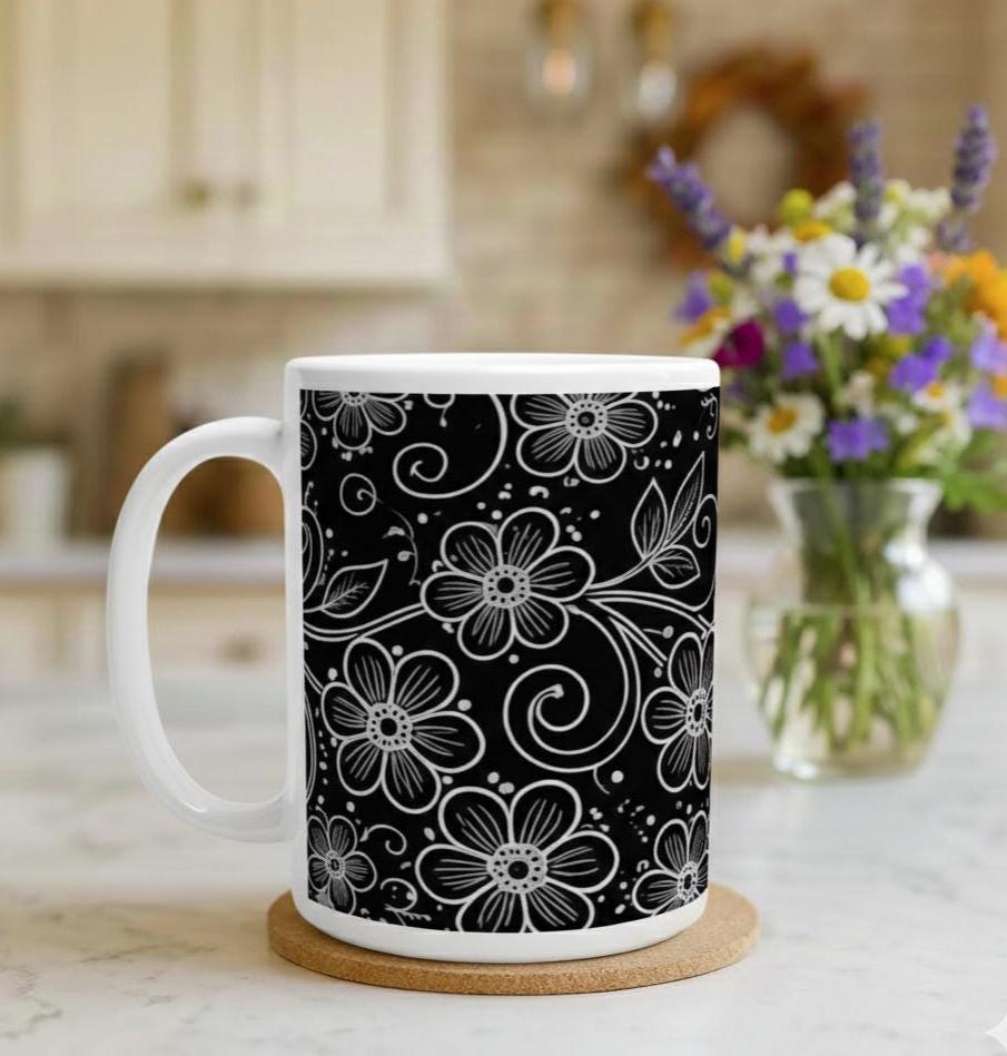 Set of Floral Cups - Light and Dark - Large 15oz Ceramic Mugs