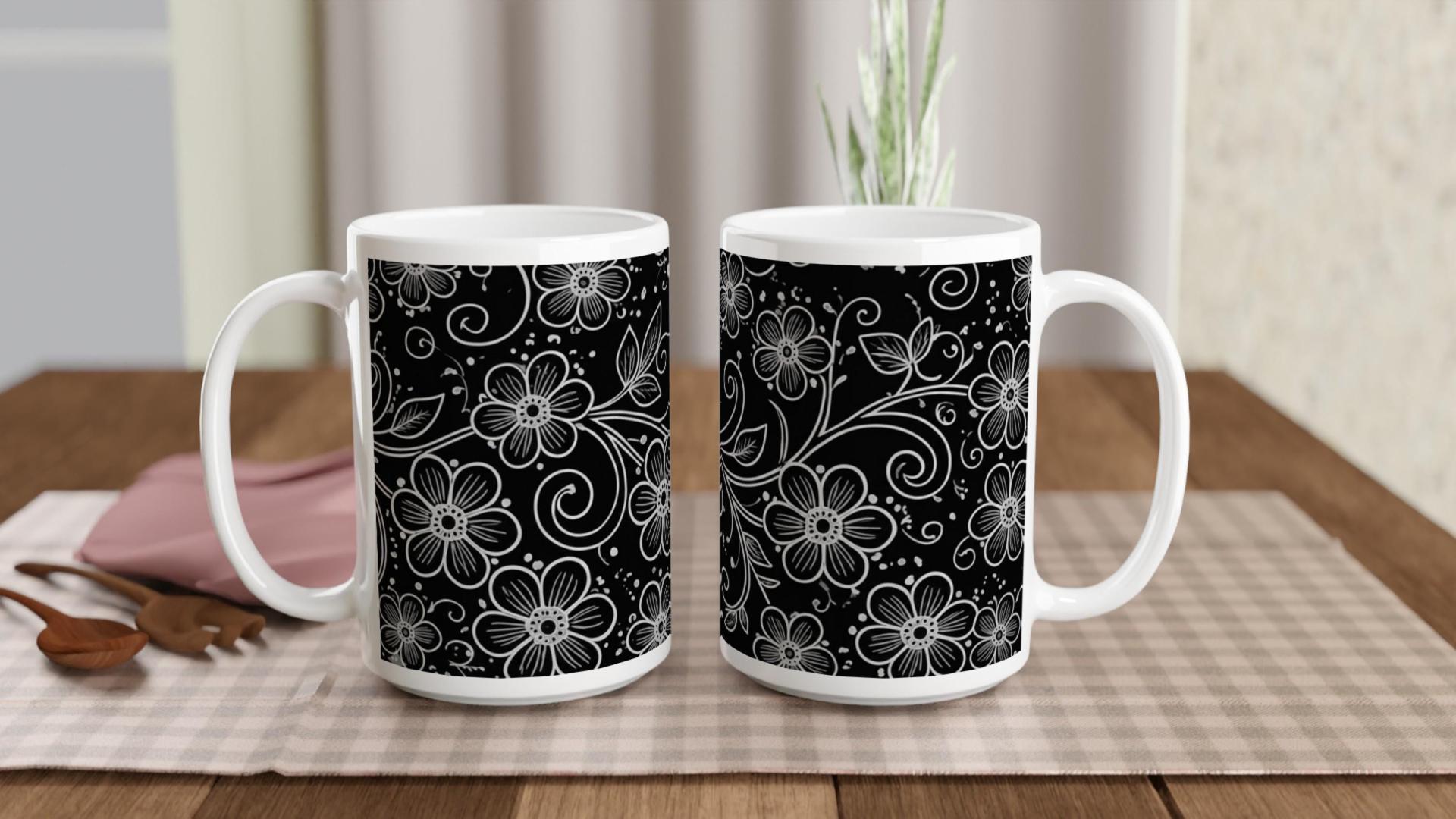 Set of Floral Cups - Light and Dark - Large 15oz Ceramic Mugs