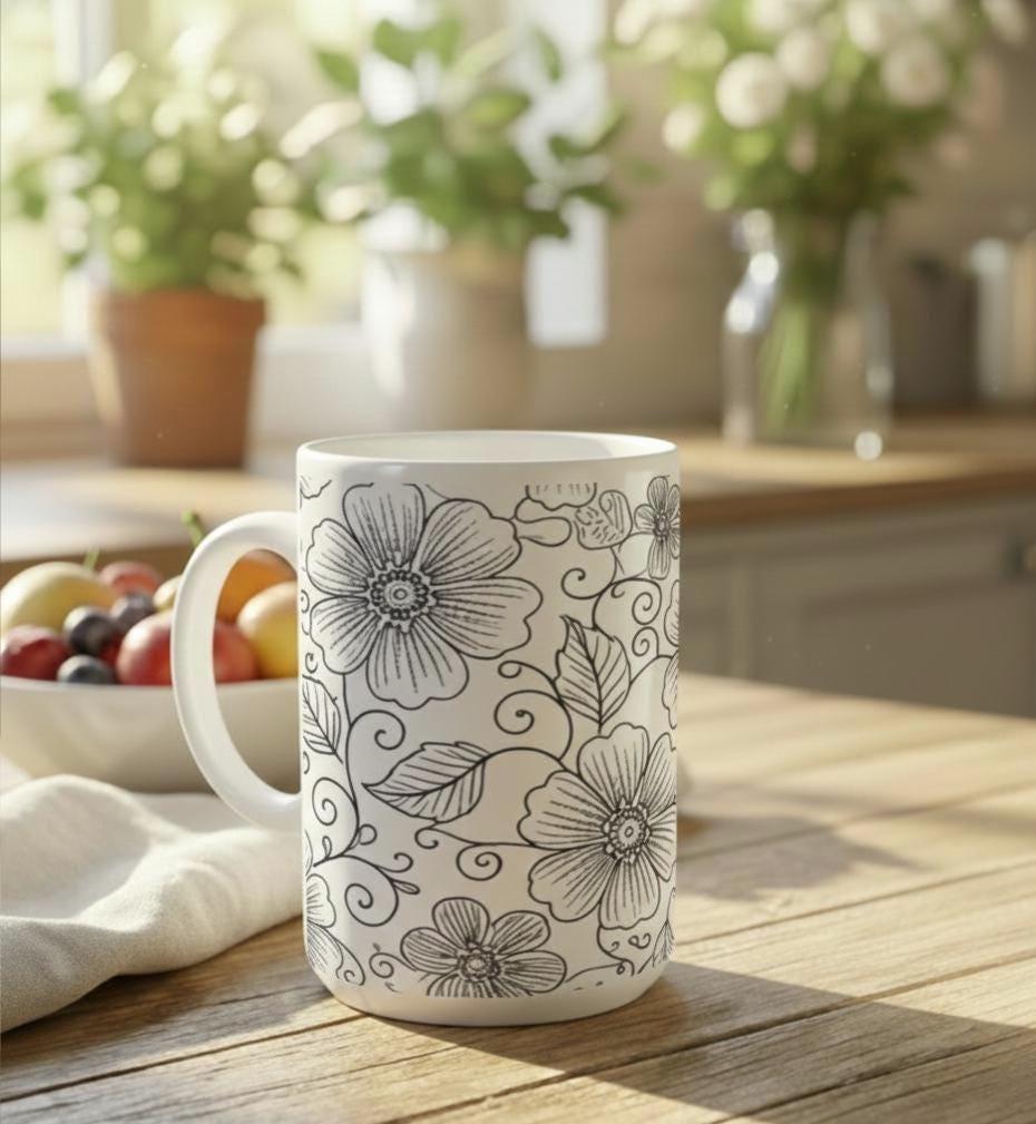 Set of Floral Cups - Light and Dark - Large 15oz Ceramic Mugs