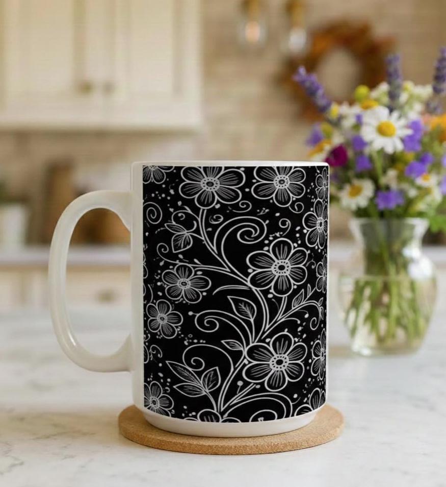 Set of Floral Cups - Light and Dark - Large 15oz Ceramic Mugs