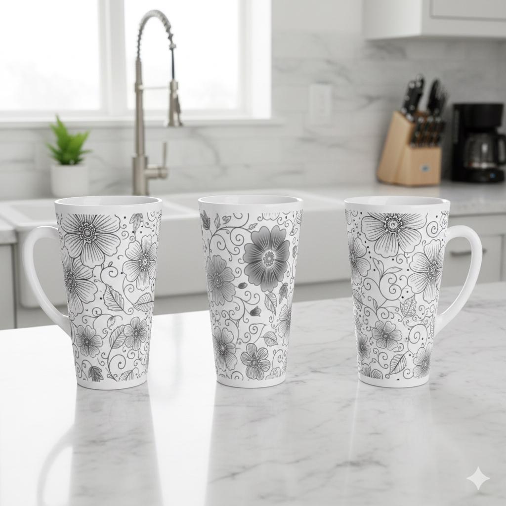 Set of 3 Cups, Floral, 17oz Latte Ceramic Mugs Set - Extra Tall Cup Set