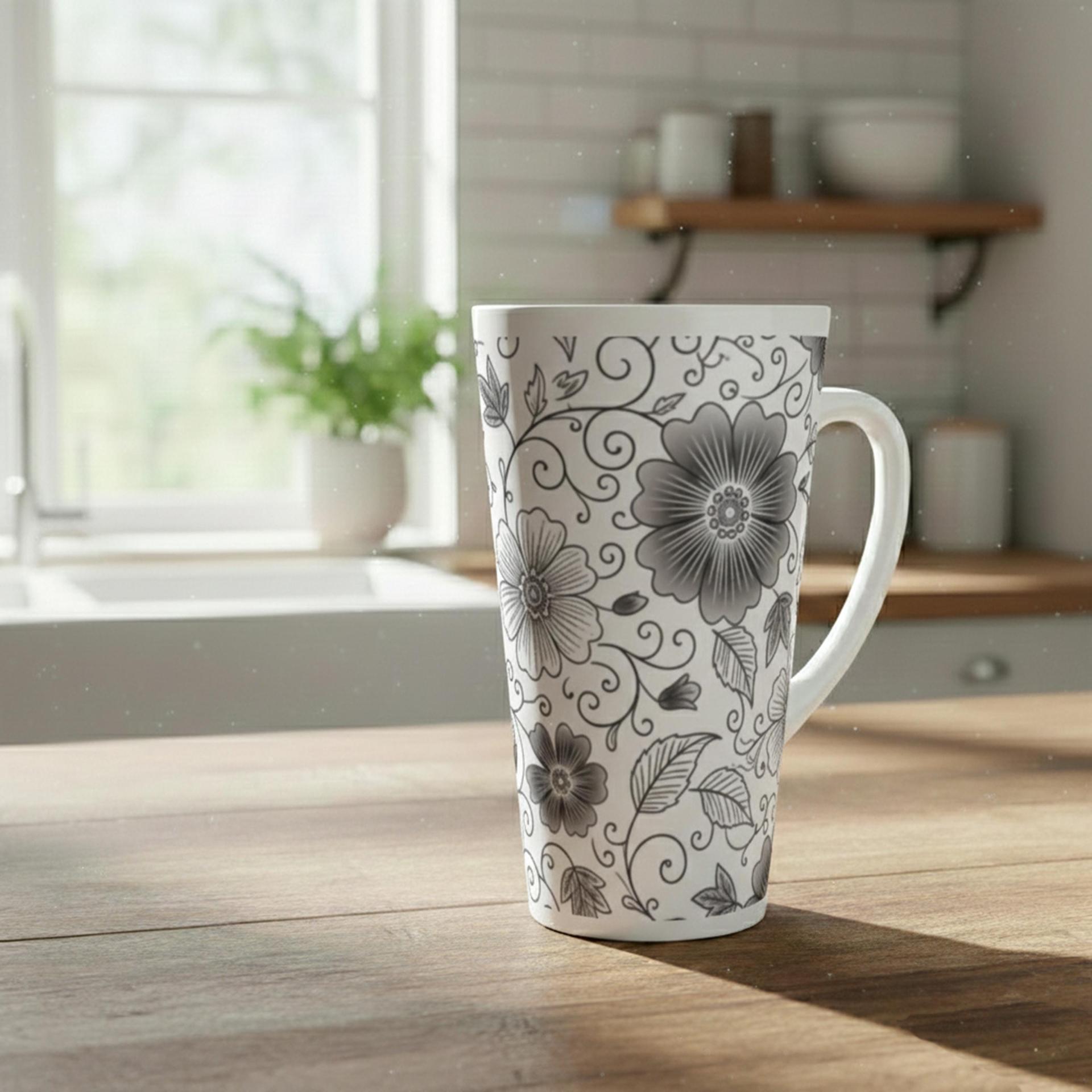 Set of 3 Cups, Floral, 17oz Latte Ceramic Mugs Set - Extra Tall Cup Set