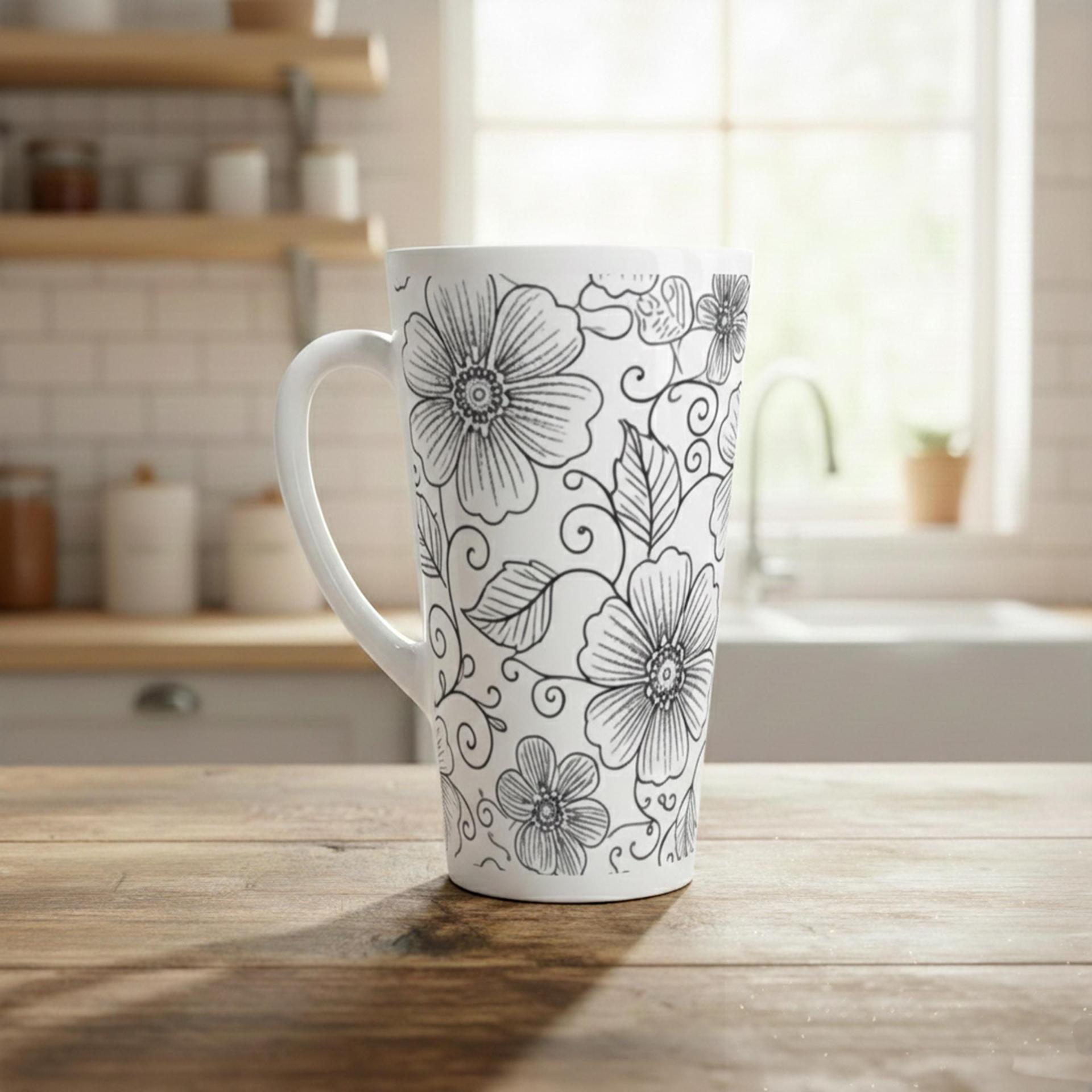 Set of 3 Cups, Floral, 17oz Latte Ceramic Mugs Set - Extra Tall Cup Set