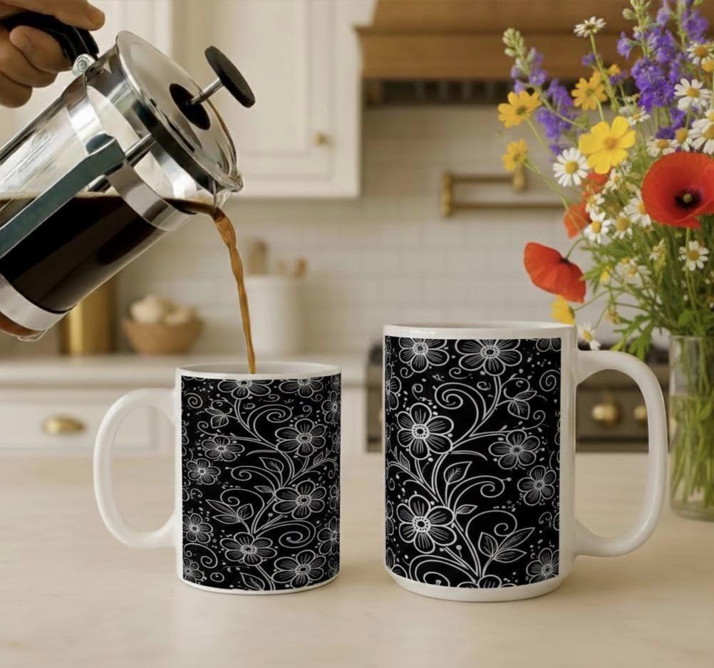 Floral Cups -  Large and Small Ceramic Mugs - 15oz and 11oz Mug Set