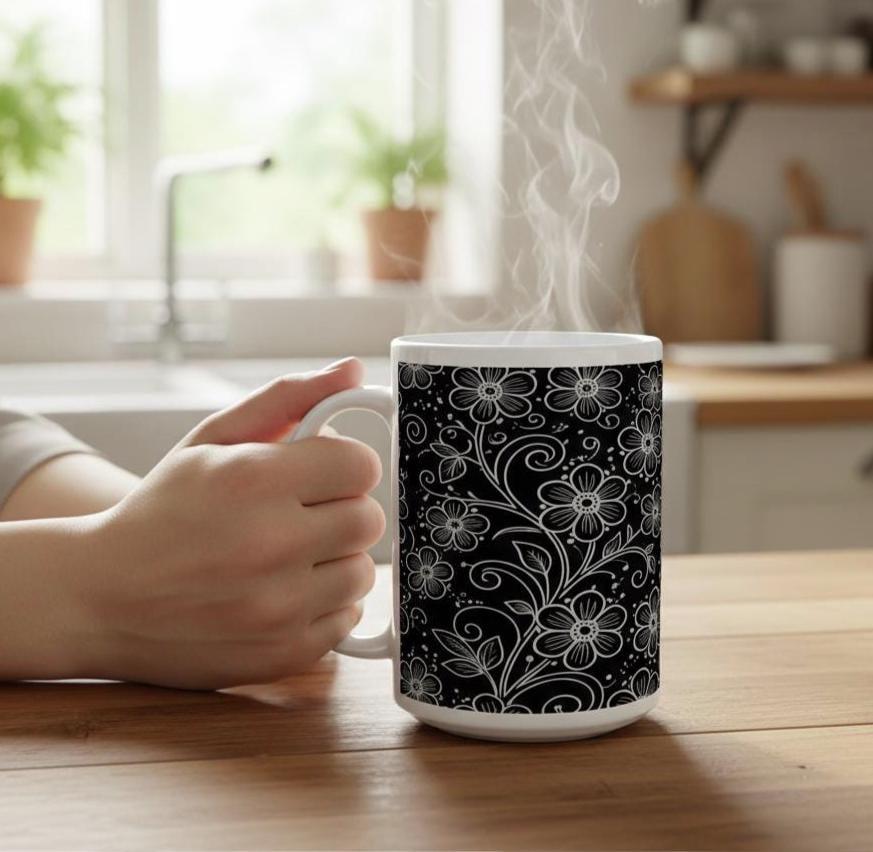 Floral Cups -  Large and Small Ceramic Mugs - 15oz and 11oz Mug Set