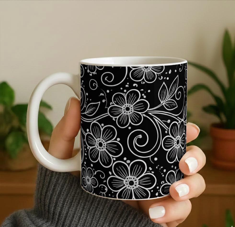 Floral Cups -  Large and Small Ceramic Mugs - 15oz and 11oz Mug Set