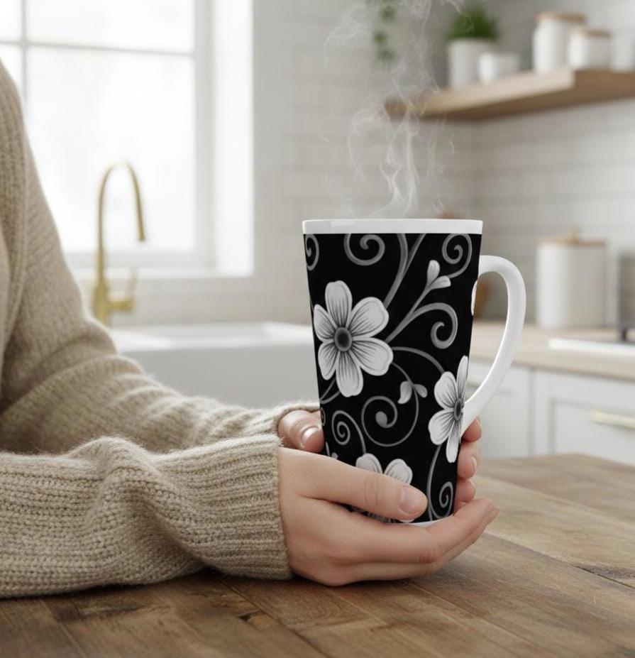 Set of 3 Cups, Floral, 17oz Latte Ceramic Mugs Set - Extra Tall Cup Set