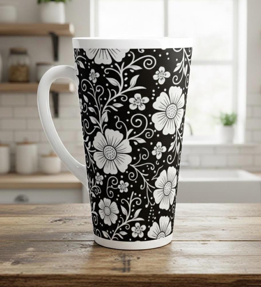 Set of 3 Cups, Floral, 17oz Latte Ceramic Mugs Set - Extra Tall Cup Set