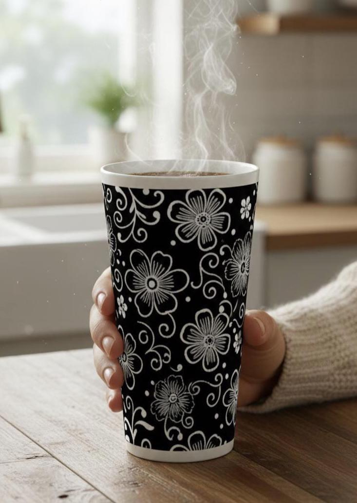 Set of 3 Cups, Floral, 17oz Latte Ceramic Mugs Set - Extra Tall Cup Set