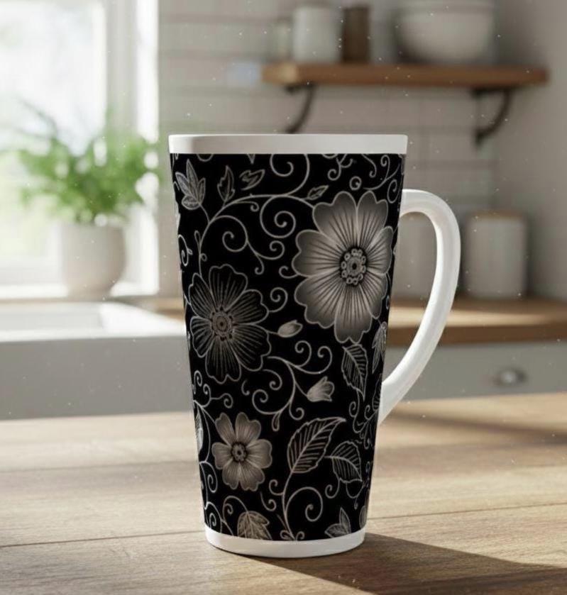Set of 3 Cups, Floral, 17oz Latte Ceramic Mugs Set - Extra Tall Cup Set