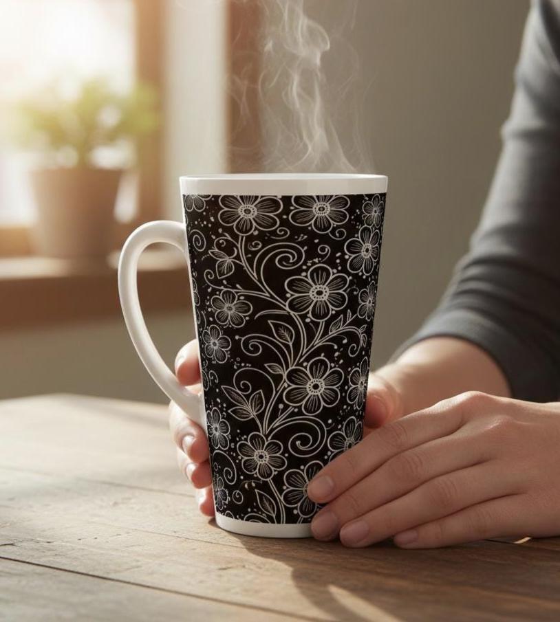 Set of 3 Cups, Floral, 17oz Latte Ceramic Mugs Set - Extra Tall Cup Set