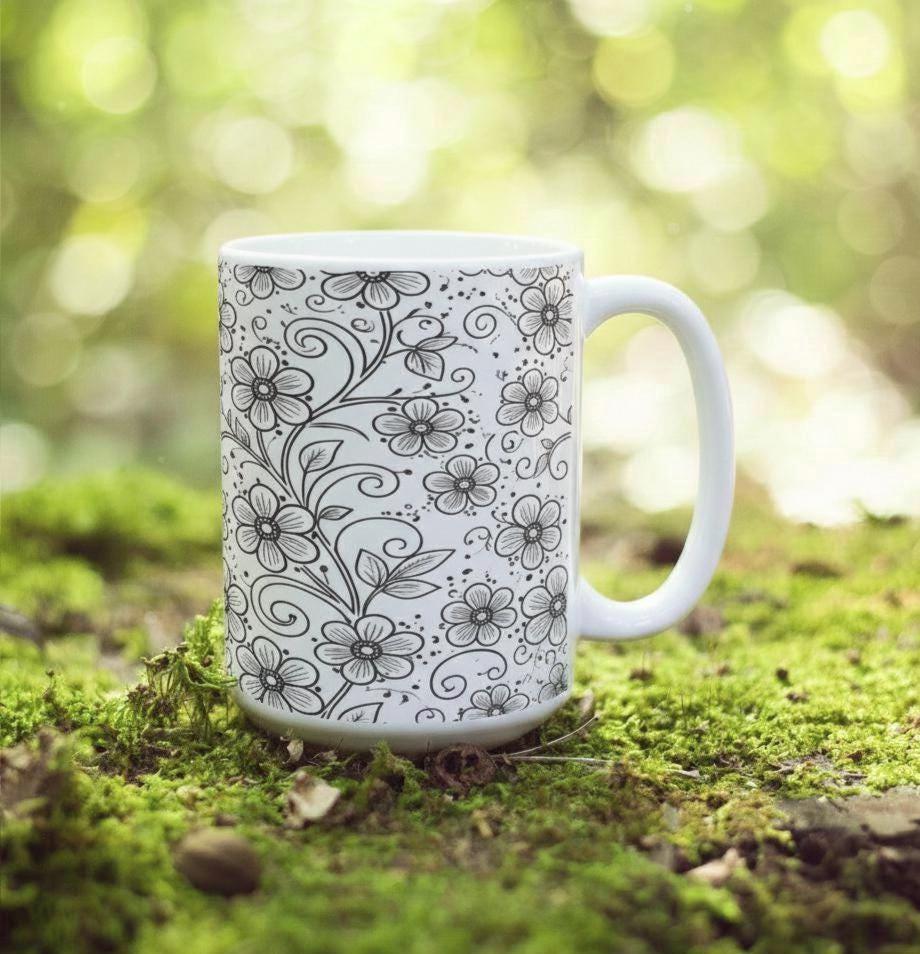 Set of Floral Cups - Light and Dark - Large 15oz Ceramic Mugs