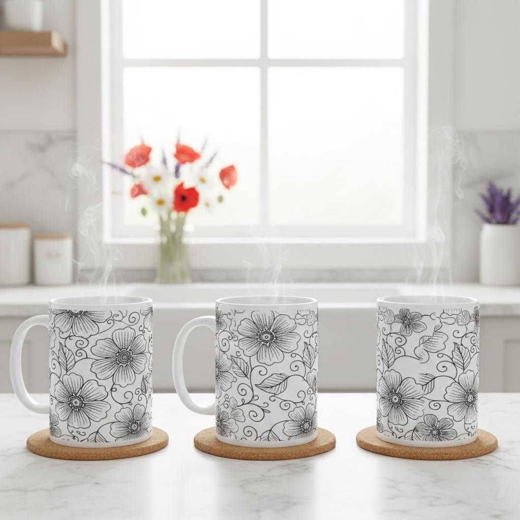 Set of Floral Cups - Light and Dark - Large 15oz Ceramic Mugs