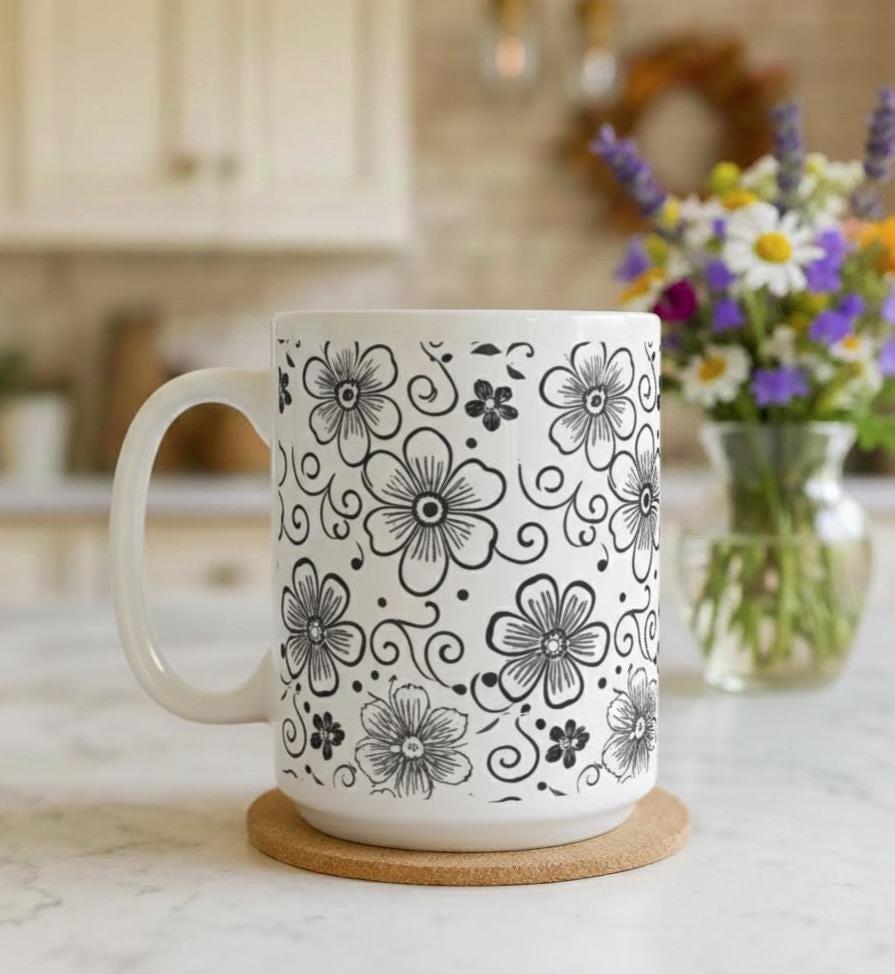 Set of Floral Cups - Light and Dark - Large 15oz Ceramic Mugs
