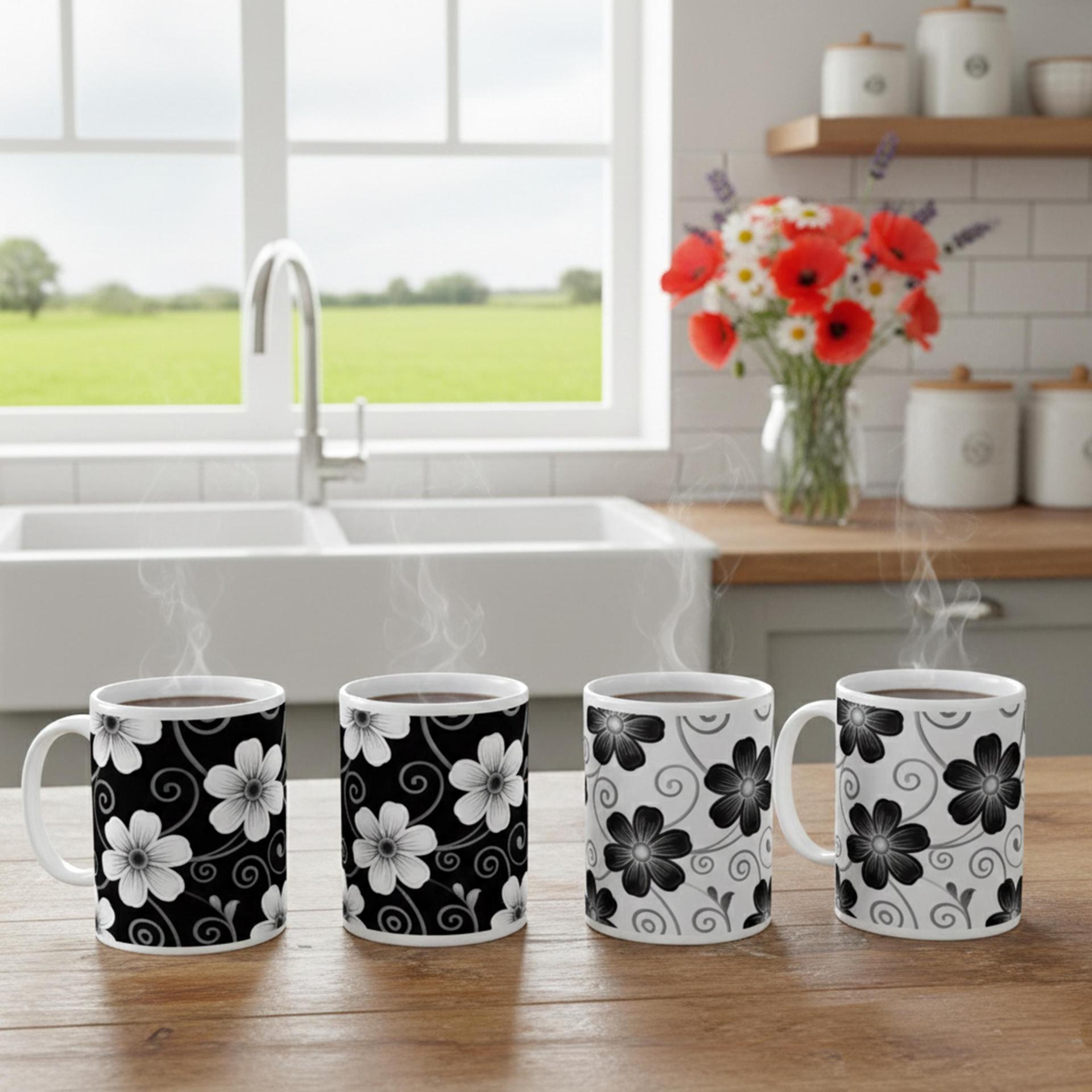 Set of Floral Cups - Light and Dark - Large 15oz Ceramic Mugs