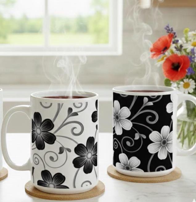 Set of Floral Cups - Light and Dark - Large 15oz Ceramic Mugs