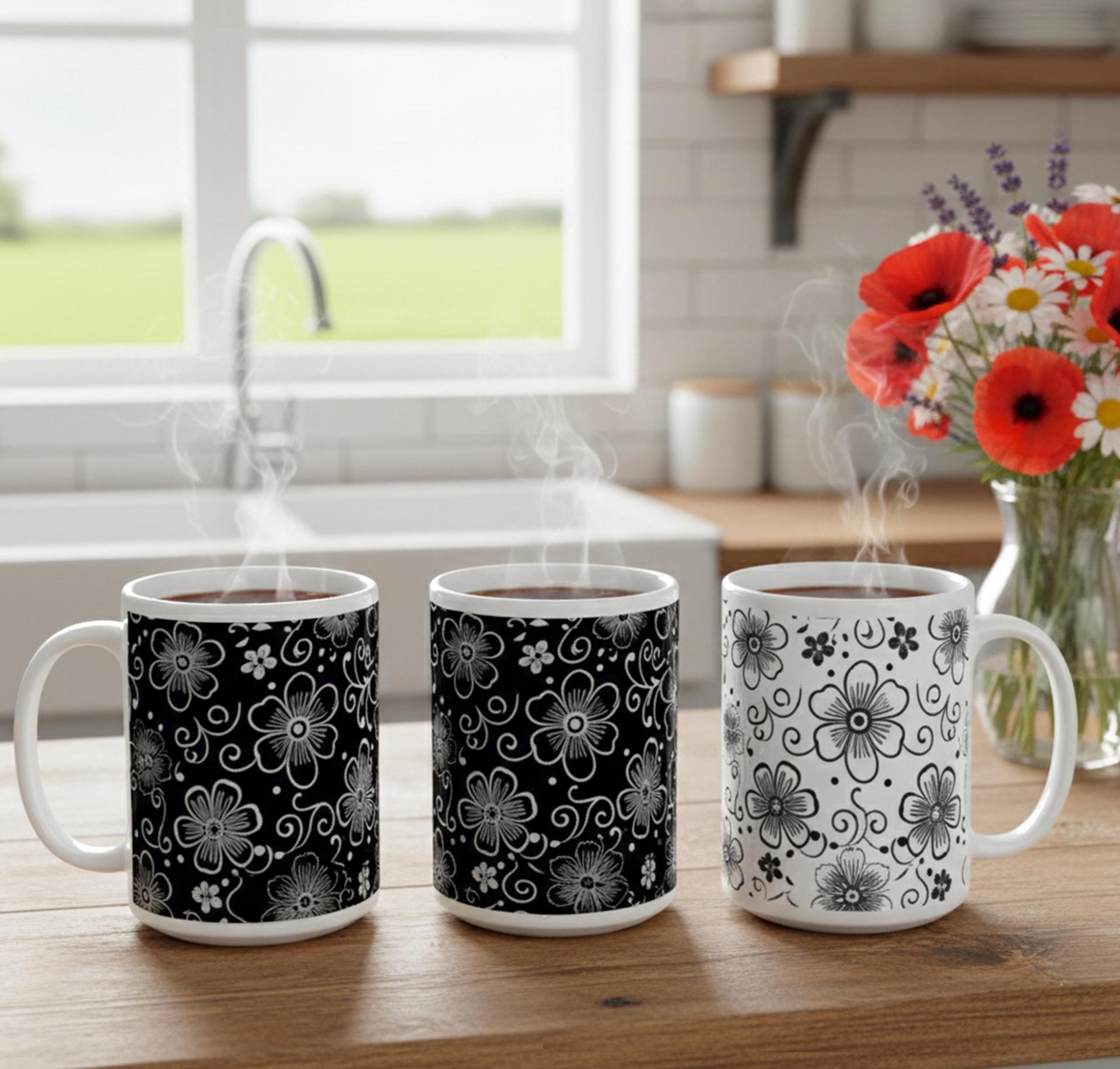 Set of Floral Cups - Light and Dark - Large 15oz Ceramic Mugs