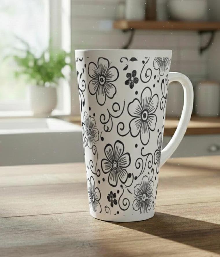 Set of 3 Cups, Floral, 17oz Latte Ceramic Mugs Set - Extra Tall Cup Set