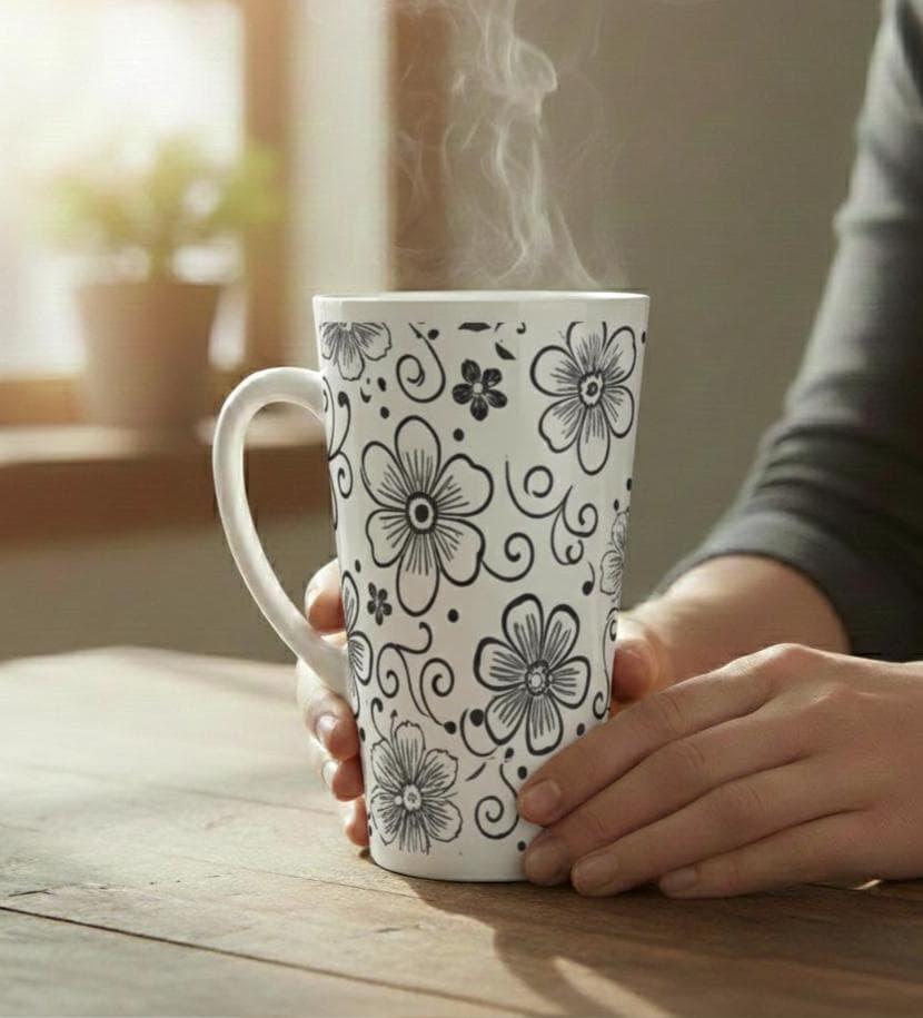 Set of 3 Cups, Floral, 17oz Latte Ceramic Mugs Set - Extra Tall Cup Set