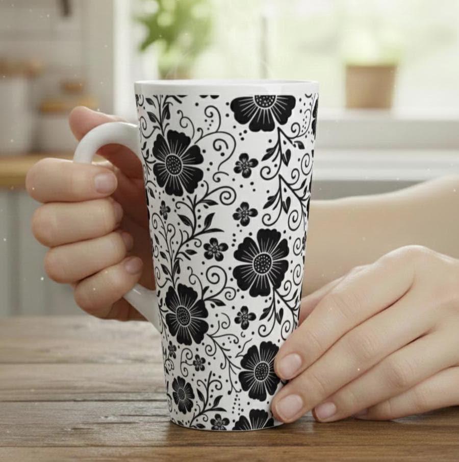 Set of 3 Cups, Floral, 17oz Latte Ceramic Mugs Set - Extra Tall Cup Set