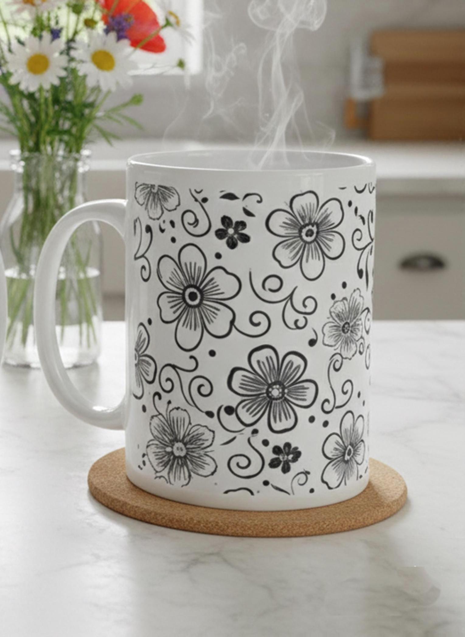 Set of 3 Big Mugs, Floral Cup Set, Large 15 oz