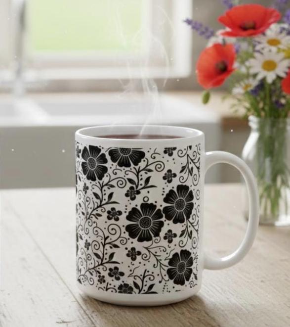 Set of 3 Big Mugs, Floral Cup Set, Large 15 oz