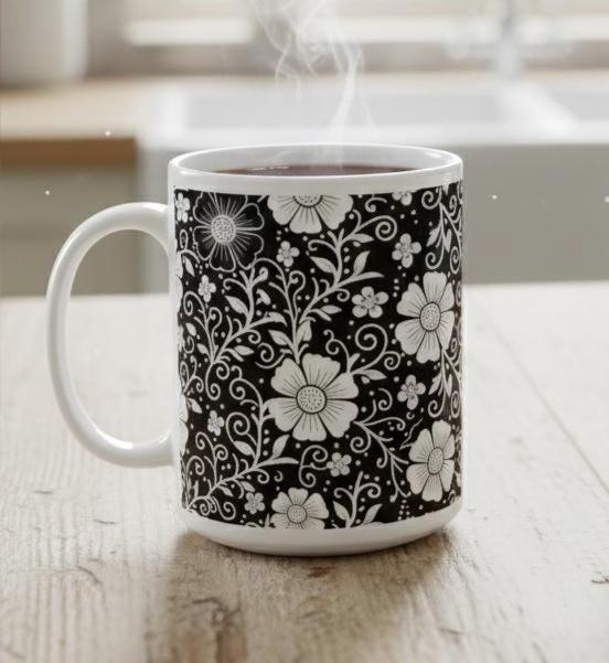 Set of Big Mugs, Dark Floral Cup Set, 15 oz