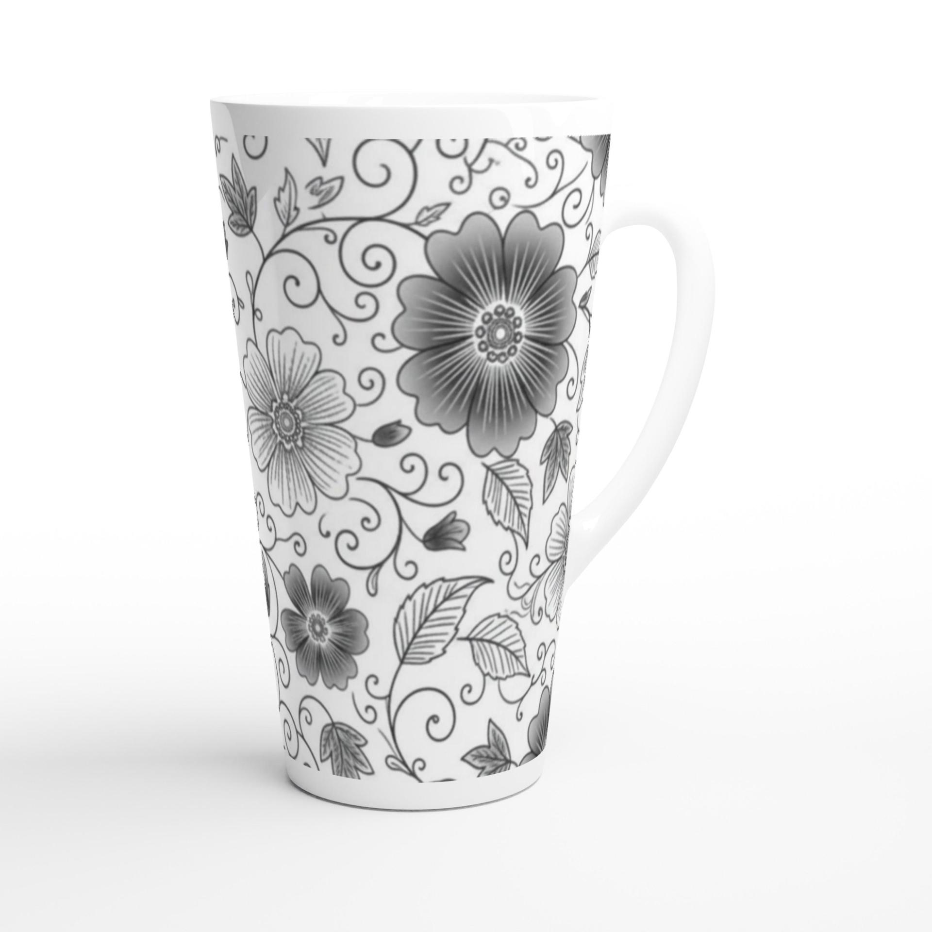 Set of 3 Cups, Floral, 17oz Latte Ceramic Mugs Set - Extra Tall Cup Set