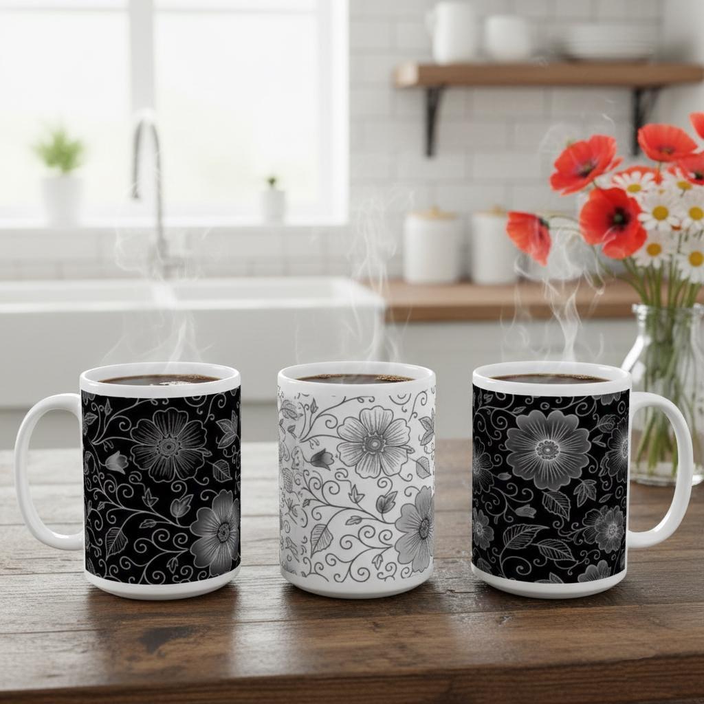 Set of Floral Cups - Light and Dark - Large 15oz Ceramic Mugs