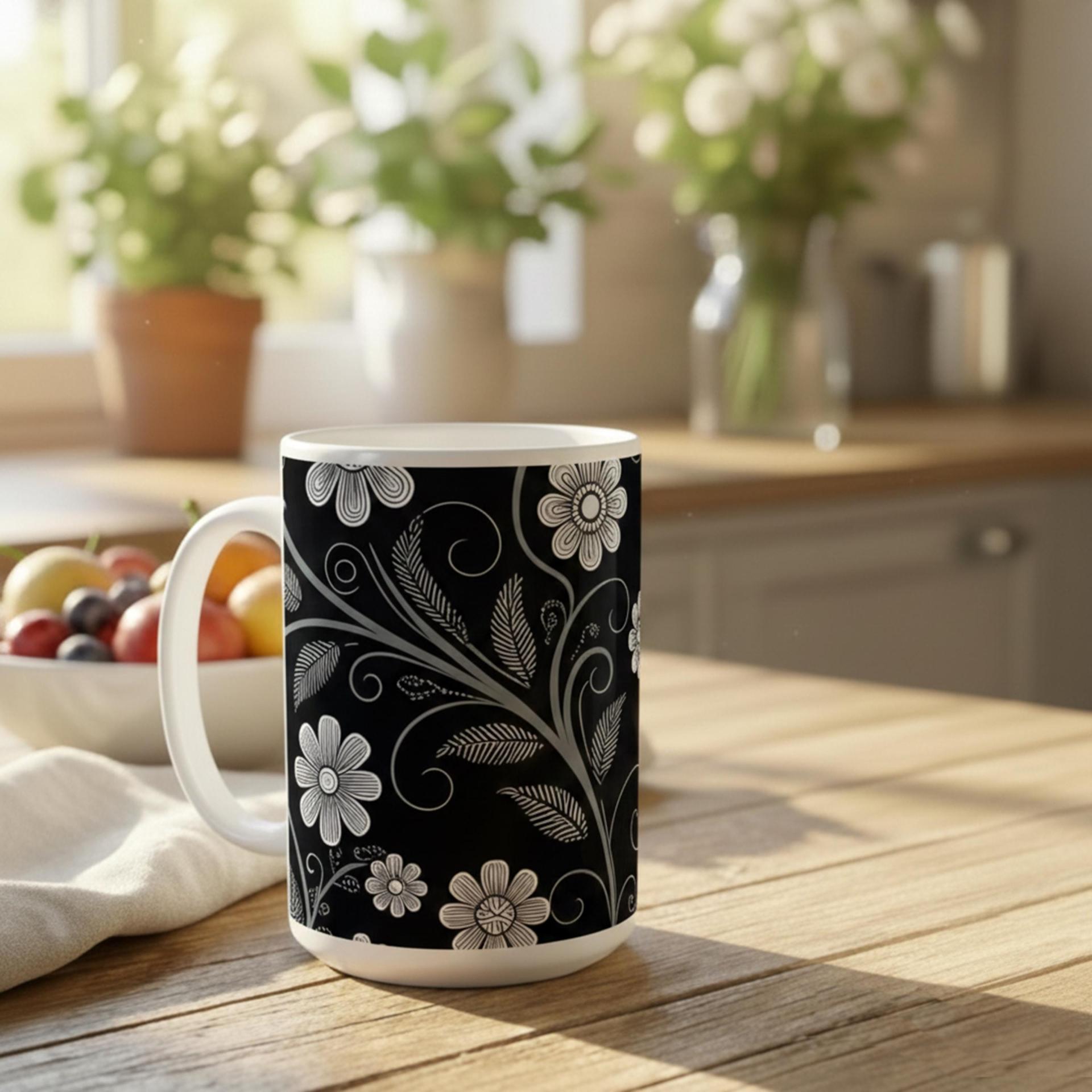 Set of Big Mugs, Dark Floral Cup Set, 15 oz