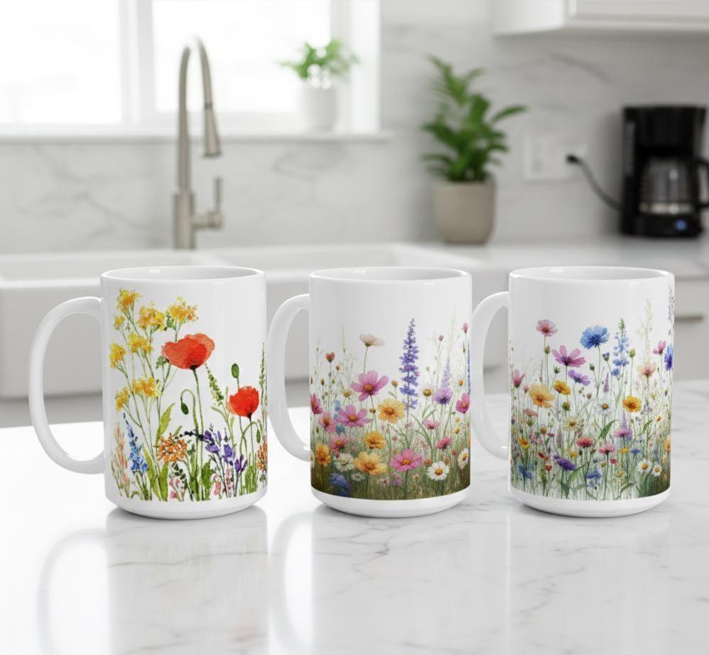 Set of Big Mugs, Floral Cup Set, 15 oz