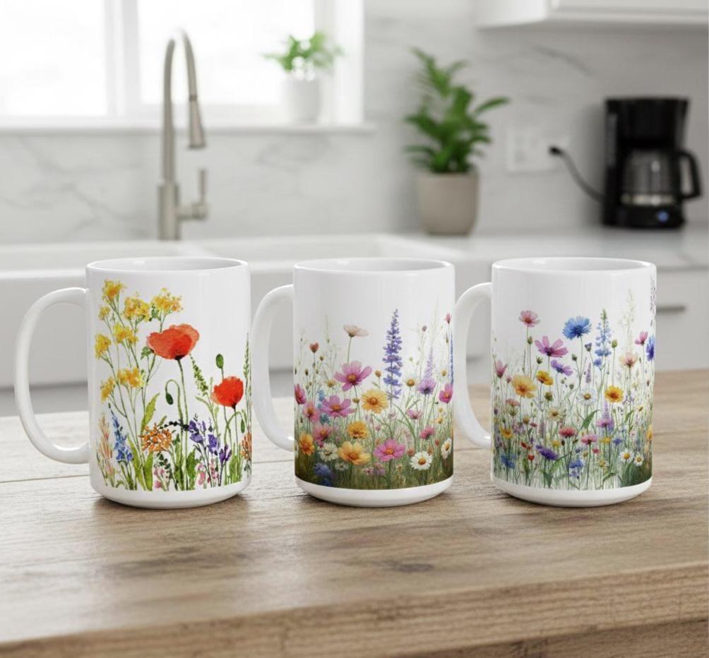 Set of Big Mugs, Floral Cup Set, 15 oz