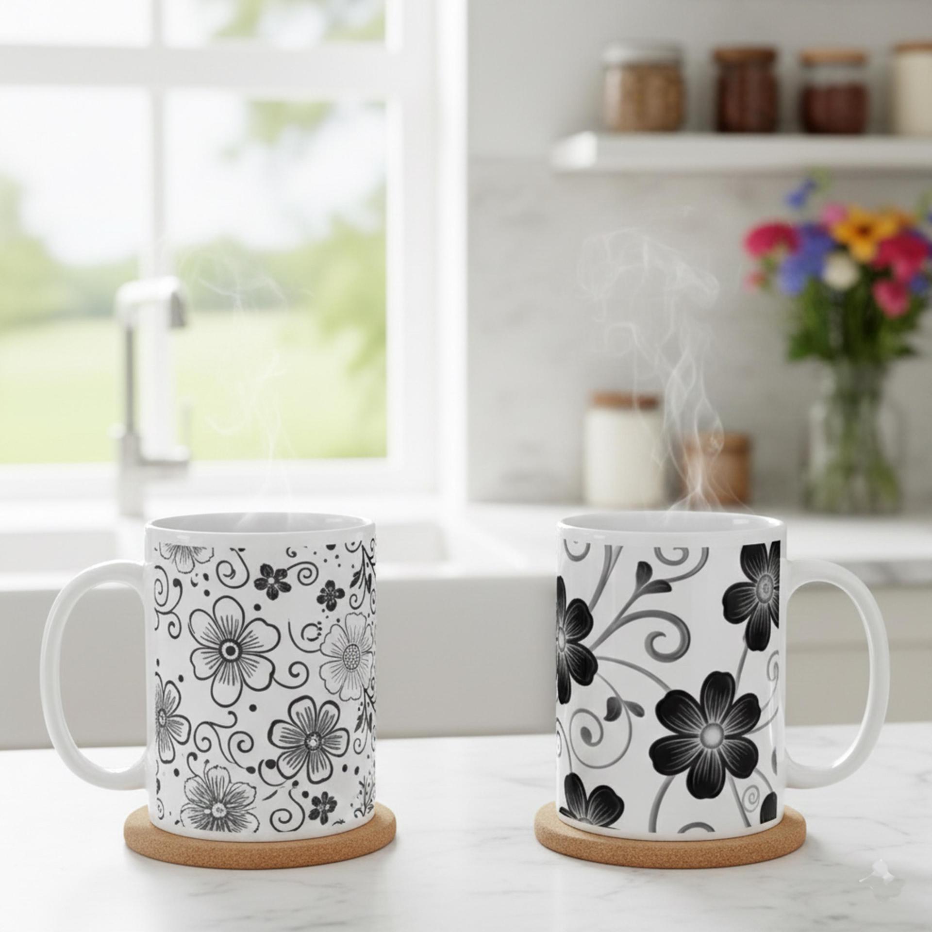 Set of 3 Big Mugs, Floral Cup Set, Large 15 oz