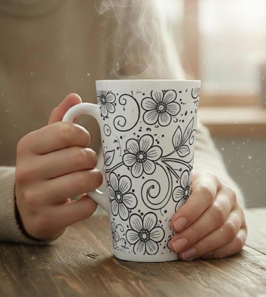 Set of 3 Cups, Floral, 17oz Latte Ceramic Mugs Set - Extra Tall Cup Set