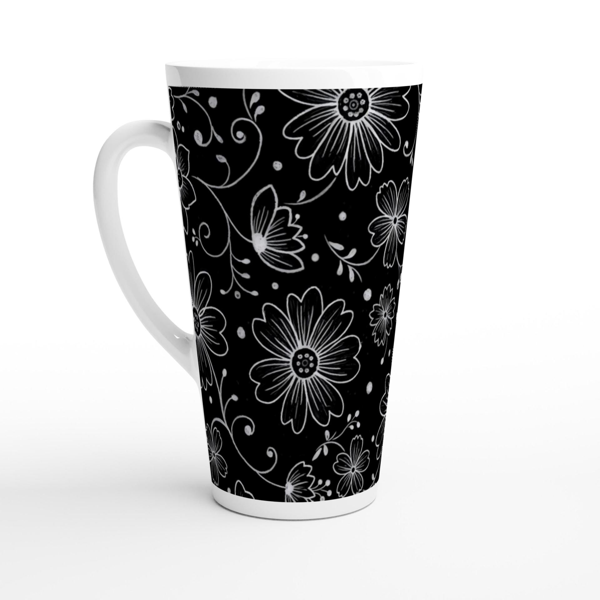 Set of 3 Cups, Floral, 17oz Latte Ceramic Mugs Set - Extra Tall Cup Set