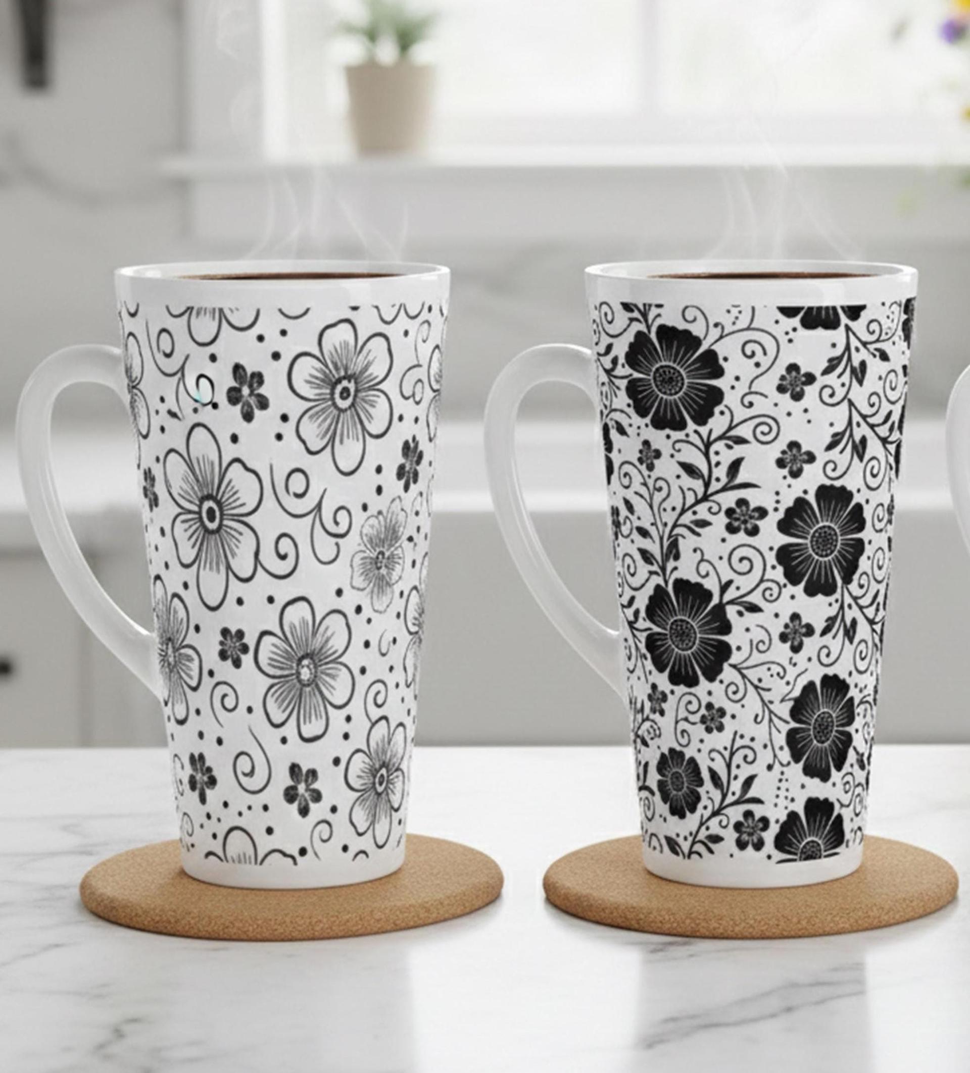 Set of 3 Cups, Floral, 17oz Latte Ceramic Mugs Set - Extra Tall Cup Set