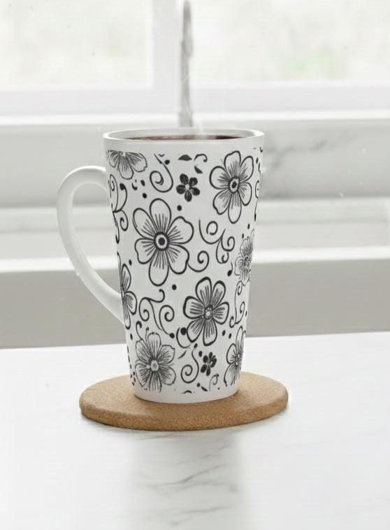 Set of 3 Cups, Floral, 17oz Latte Ceramic Mugs Set - Extra Tall Cup Set