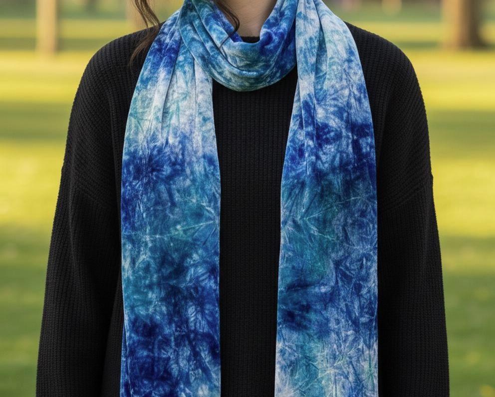 Tie Dye Velvet Scarf, Blue and Green, Aqua and Turquoise