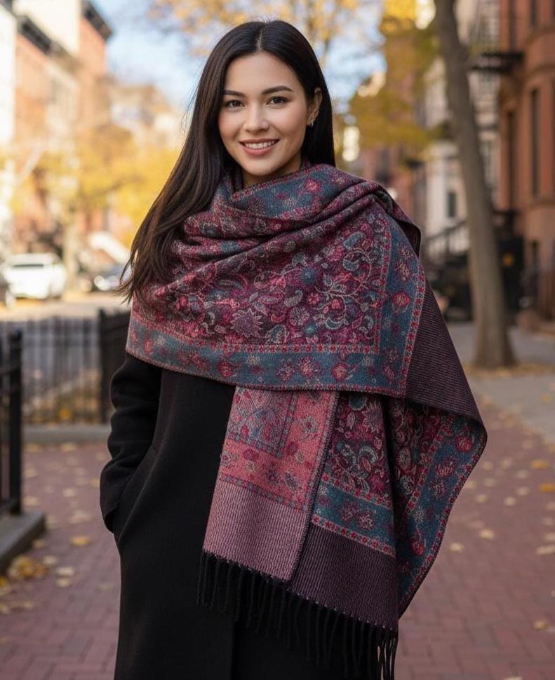 Reversible Soft Pashmina Shawl & Scarf for Women, Jacquard Brocade, Shawl, Sarong or Head Wraps