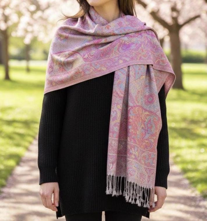 Reversible Soft Pashmina Shawl & Scarf for Women, Jacquard Brocade, Shawl, Sarong or Head Wraps