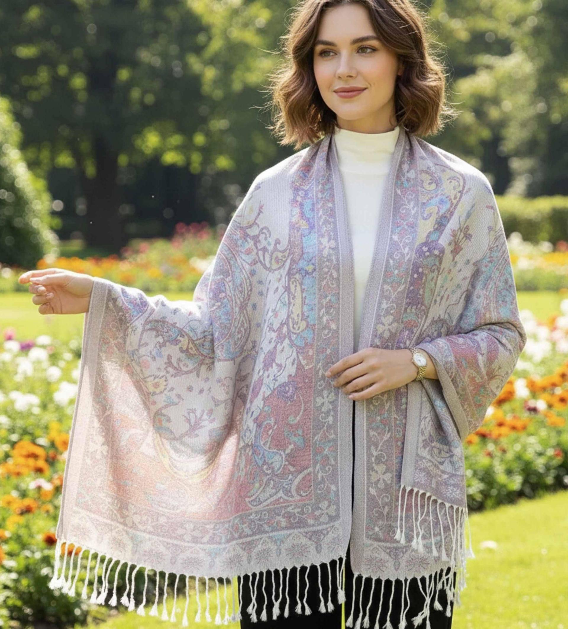 Reversible Soft Pashmina Shawl & Scarf for Women, Jacquard Brocade, Shawl, Sarong or Head Wraps