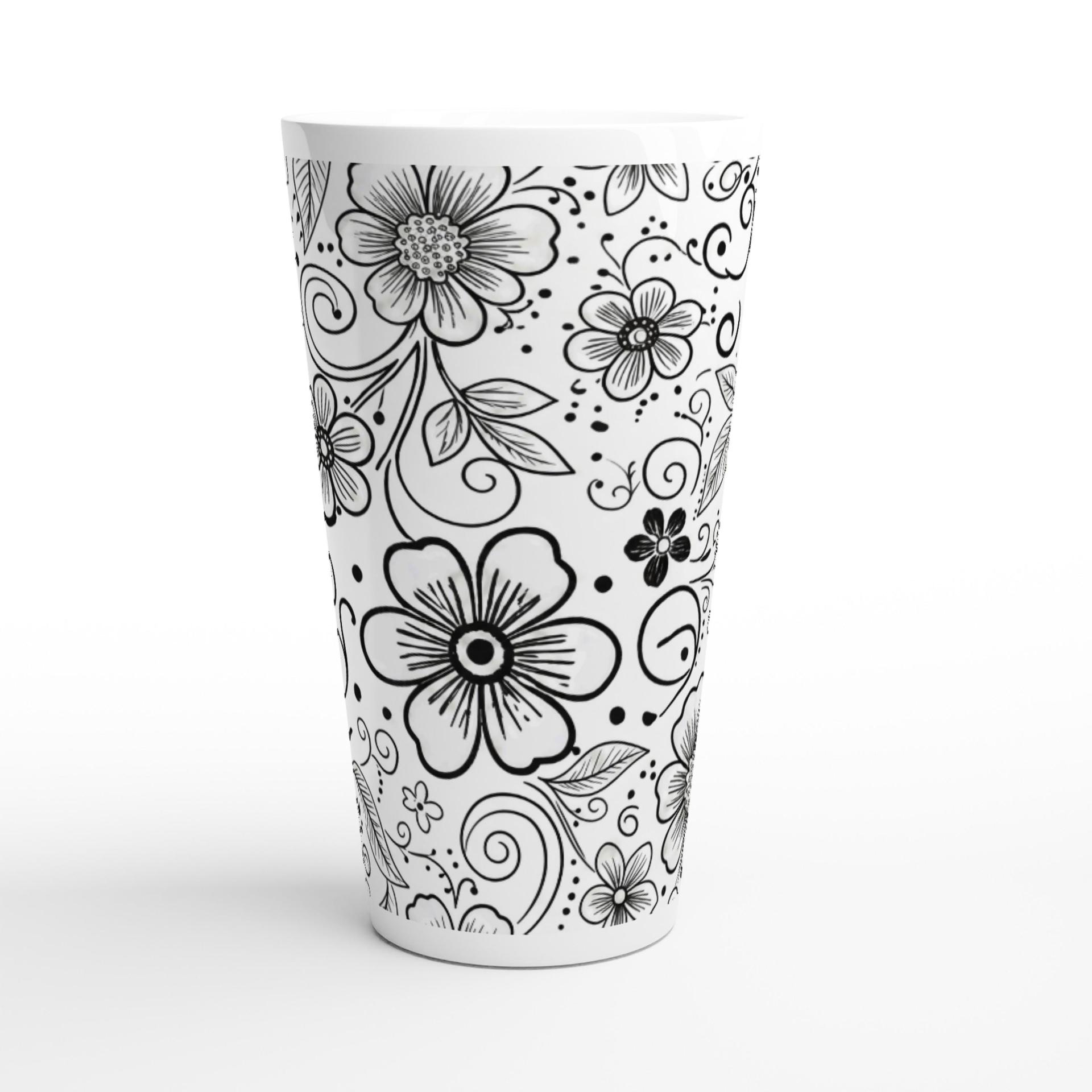 Set of 3 Cups, Floral, 17oz Latte Ceramic Mugs Set - Extra Tall Cup Set