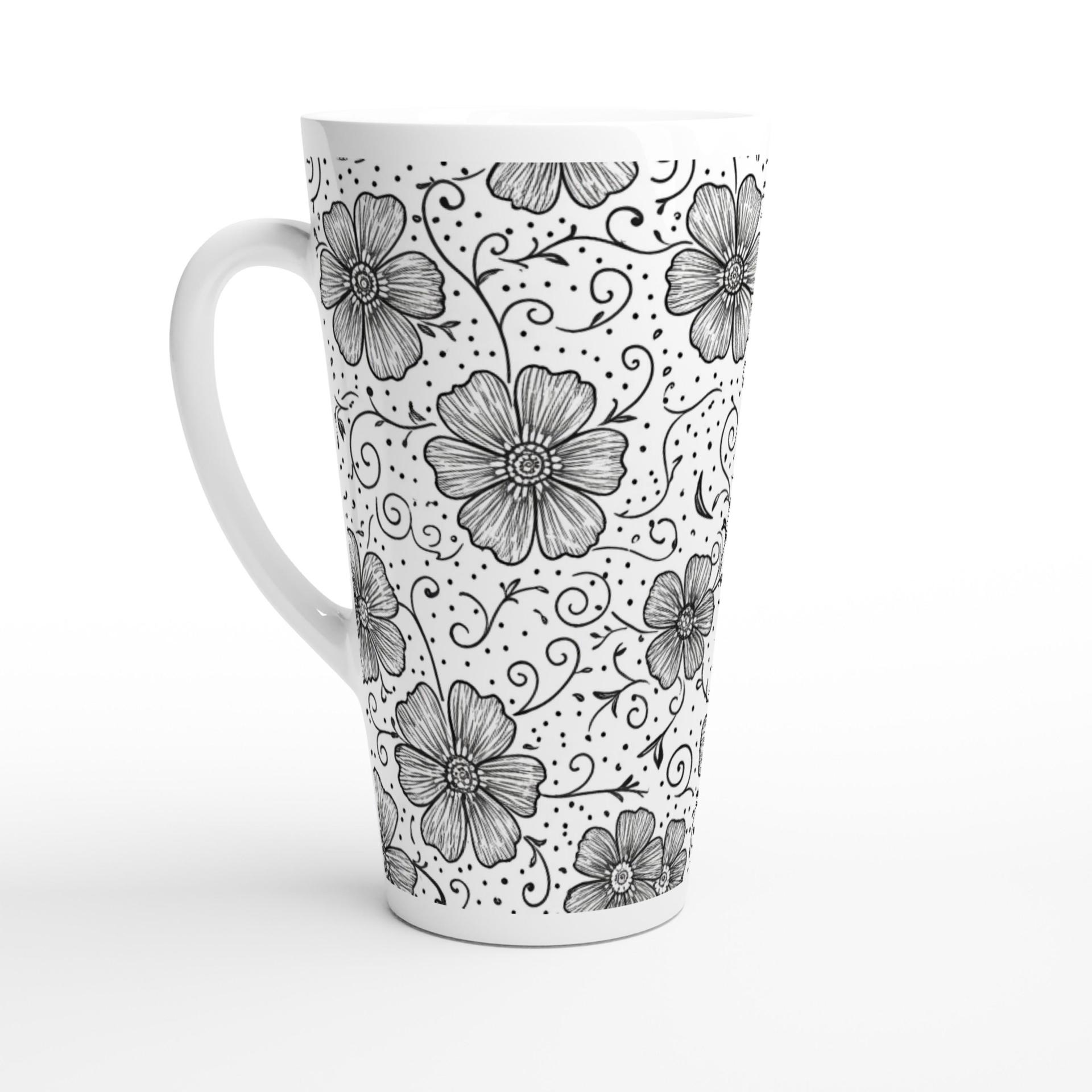 Set of 3 Cups, Floral, 17oz Latte Ceramic Mugs Set - Extra Tall Cup Set